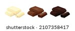 Two pieces of chocolate bar - white, milk and dark with curls isolated on white background. Side view. Realistic vector illustration. 