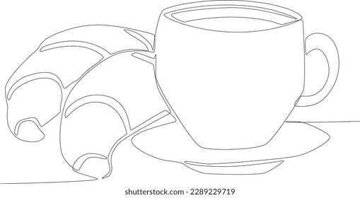 Two pieces of croissants and a cup of tea for breakfast. Breakfast one-line drawing