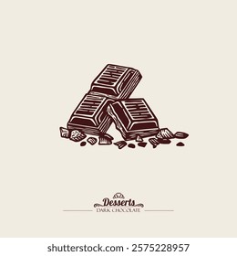 Two pieces of dark chocolate. Graphic drawing, engraving, etching technique. Line art, sketch style. Vector hand drawn illustration