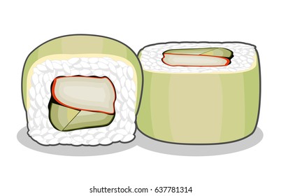 Two pieces of delicious green dragon sushi roll with crab meat and cucumber, topped with avocado slices. Vector illustration isolated on a white background.