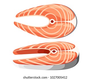 Two pieces of fresh salmon steaks vector illustration isolated on white background web site page and mobile app design.