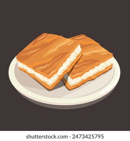 Dos trozos de tiropita griega (pastel de queso) con queso feta en un plato. Cocina griega. Sabores tradicionales. Ilustración vectorial de alimentos.