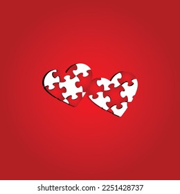 Two pieces of Love hearts jigsaw puzzle joining on a red background with copy space. Valentines day or Love day poster.