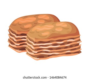 Two pieces of multi-layered baklava with white filling. Vector illustration on white background.