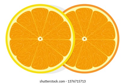 Two pieces of orange slices are overlayed and their shadow on transparent background. Top view, flat lay, vector illustration.