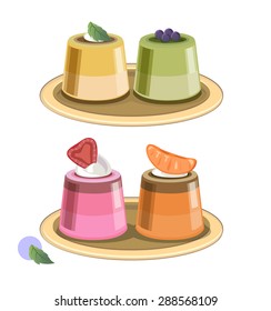 Two pieces of pudding on plate. Pudding with four flavors.