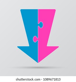 Two pieces puzzle arrow shape. Arrow business presentation infographic. 2 steps, parts, pieces of process diagram. Section compare banner. Jigsaw puzzle info graphic. Marketing strategy.