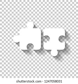 Two Pieces Of Puzzle, Creative Teamwork, Different Solutions, Logic Game, Simple Icon. White Icon With Shadow On Transparent Background