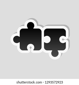 Two pieces of puzzle, creative teamwork, different solutions, logic game, simple icon. Sticker style with white border and simple shadow on gray background