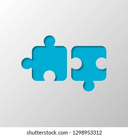 Two pieces of puzzle, creative teamwork, different solutions, logic game, simple icon. Paper design. Cutted symbol with shadow