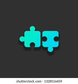 Two pieces of puzzle, creative teamwork, different solutions, logic game, simple icon. Colorful logo concept with soft shadow on dark background. Icon color of azure ocean