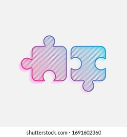Dos piezas de rompecabezas, trabajo en equipo creativo, diferentes soluciones, juego lógico, icono simple. Logo coloreado con líneas diagonales y degradado azul-rojo. Gráfico neón, efecto ligero