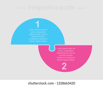 Two Pieces Puzzle Half Circles Diagram. Circles Business Presentation Infographic. 2 Steps, Parts, Pieces Of Process Diagram. Section Compare Banner. Jigsaw Puzzle Info Graphic. Marketing Strategy.