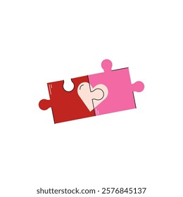 Two pieces of a puzzle with a heart. Cartoon jigsaw game with red romantic love symbol, cute stickers for valentines day. Vector isolated illustration.