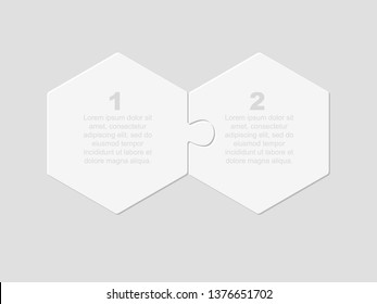 Two pieces puzzle hexagonal diagram. Hexagon business presentation infographic. 2 steps, parts, pieces of process diagram. Section compare banner. Jigsaw puzzle info graphic. Marketing strategy.