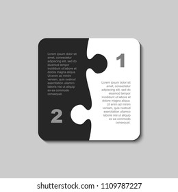 Two pieces puzzle squares diagram. Squares business presentation infographic. 2 steps, parts, pieces of process diagram. Section compare banner. Jigsaw puzzle info graphic. Marketing strategy.