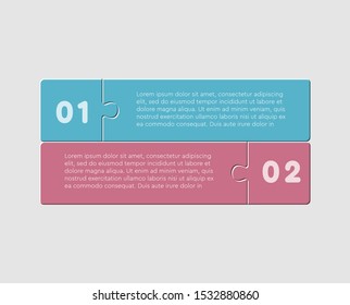 Two pieces puzzle squares diagram. Squares business presentation infographic. 2 steps, parts, pieces of process diagram. Section compare banner. Jigsaw puzzle info graphic. Marketing strategy.