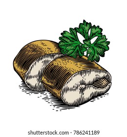 Two pieces of smoked mackerel with green parsley
