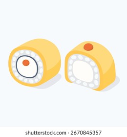 Two pieces of sushi, one wrapped in a thin omelet and the other with the omelet as a side wrap, are displayed on a white background. The sushi is filled with rice, cream cheese, and a red topping.