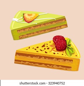 Two pieces of sweet cake with berries.  Vector illustration