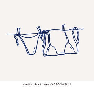 Two pieces of swimwear, bikini and bra, hang from a clothesline whimsical hand drawn line art. Summer vibes and relaxation. Vector outline illustration