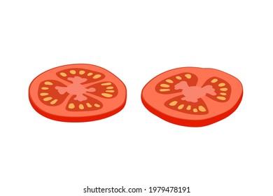 Two pieces of tomato. Isolated red colour tomato. Vector illustration isolated on white background. Flat design style for menu, cafe, restaurant, poster, banner, emblem, sticker