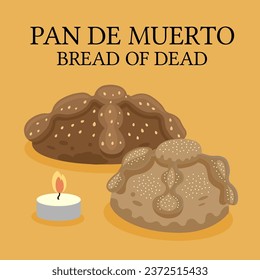 Two pieces of traditional bread of the dead, one baked with sesame seeds and another more sugary on an orange background and a small candle on the side.