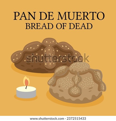 Two pieces of traditional bread of the dead, one baked with sesame seeds and another more sugary on an orange background and a small candle on the side.