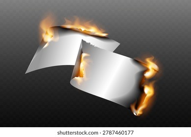 Two pieces of white paper are burning along their edges with orange fire flames