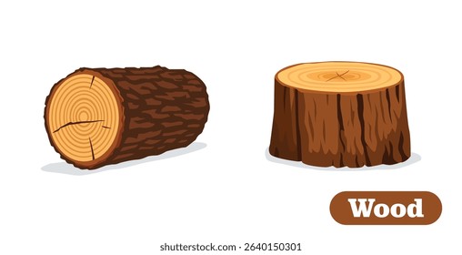Two pieces of wood, a cut log and a tree stump, on white background.