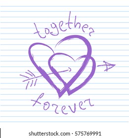 Two pierced hearts isolated on white background. Valentine's Day vector illustration. Design element for greeting cards and etc.