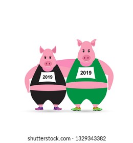 two Pig in sport uniform running, funny sportive wild animal character doing sports Illustration on a white background