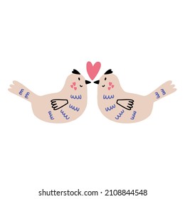 Two Pigeon Love. Couple Bird Kiss. Romantic vector hand drawn doodle element