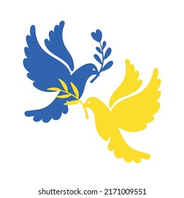 Two pigeons in blue yellow colors of Ukrainia flag, dove of peace with olive branch. Russian Ukrainian military conflict symbol sign, geopolitics. Stop war, pray for Ukraine. Support Ukraine, no war.