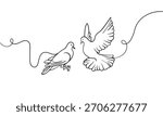 Two pigeons flying, continious line drawing. Wedding birds outline. Vector illustration