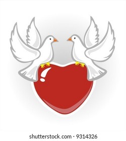 Two pigeons and heart on a white background. Valentine's illustration.
