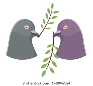 Two pigeons hold twigs with green leaves in their beaks. Vector bird heads in gray and purple isolated on a white background. Doves cast a shadow. A symbol of peace