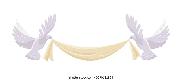 Two pigeons are holding a ribbon. Vector illustration in flat style. Isolated on white background.