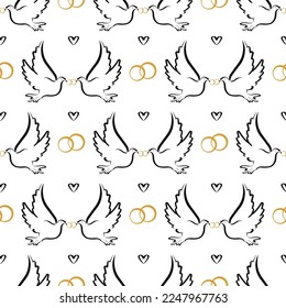 Two pigeons are holding a wedding ring in their beak. Vector seamless background. Template for design