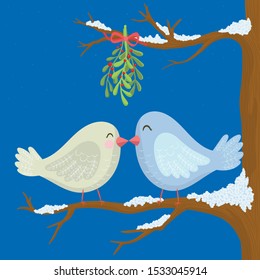 Two pigeons kiss each other under a mistletoe branch