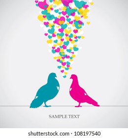 Two pigeons, love colorful card. Can be used for postcard, valentine card, wedding invitation