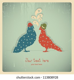 Two pigeons, love colorful card. Can be used for postcard, valentine card, wedding invitation