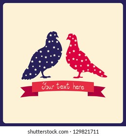 Two pigeons, love colorful card. Can be used for postcard, valentine card, wedding invitation
