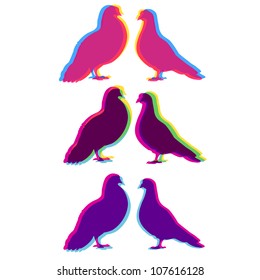 Two pigeons love silhouettes set, with multicolor stereo effect