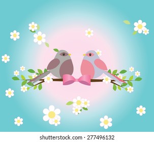 Two pigeons on a tree branch. Spring background with flowers. Vector