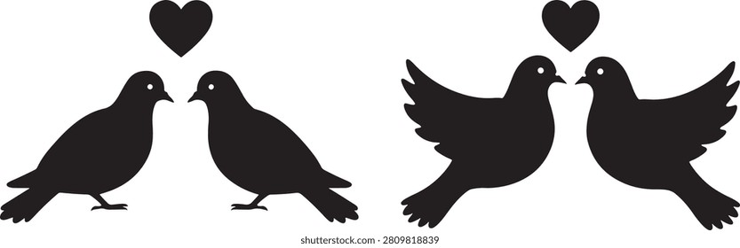 Two pigeons sharing affection with love hearts