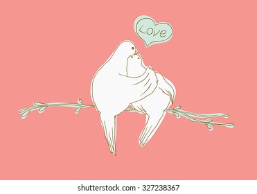 two pigeons sitting on the branch and kissing. vector illustration.