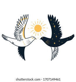 Two pigeons and Sun. Vector han drawn illustration