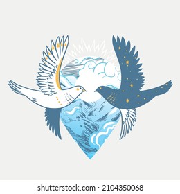 Two pigeons. Vector hand drawn illustration