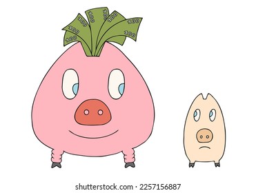 Two piggy banks, one large, full and filled with money and the other small, thin and without money. Poverty and wealth. Thrift and wastefulness, lack of thrift.